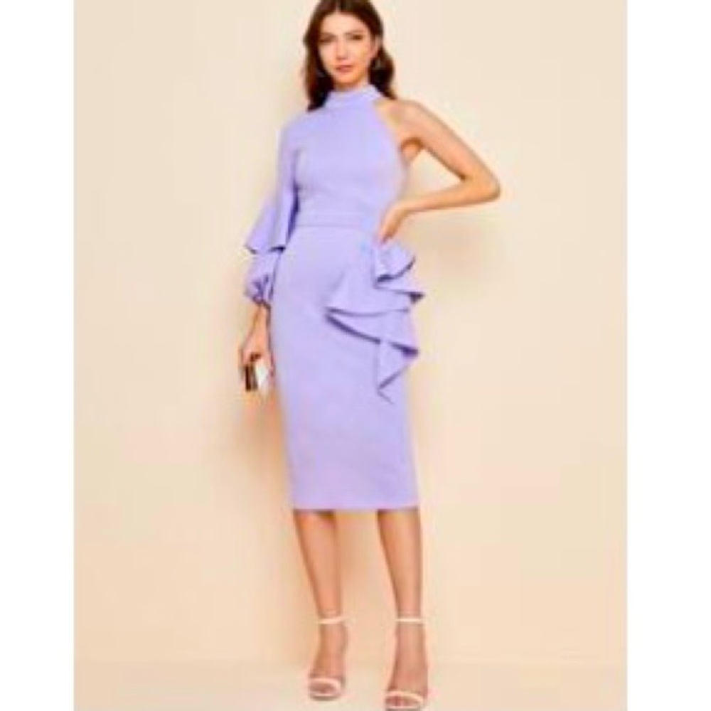 One Shoulder Ruffle Detail Split Hem Pencil Dress